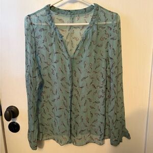 Anthropologie Teal Bird-Print V-Neck Sheer Blouse